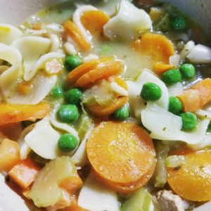 Chickenless Noodle Soup with peas