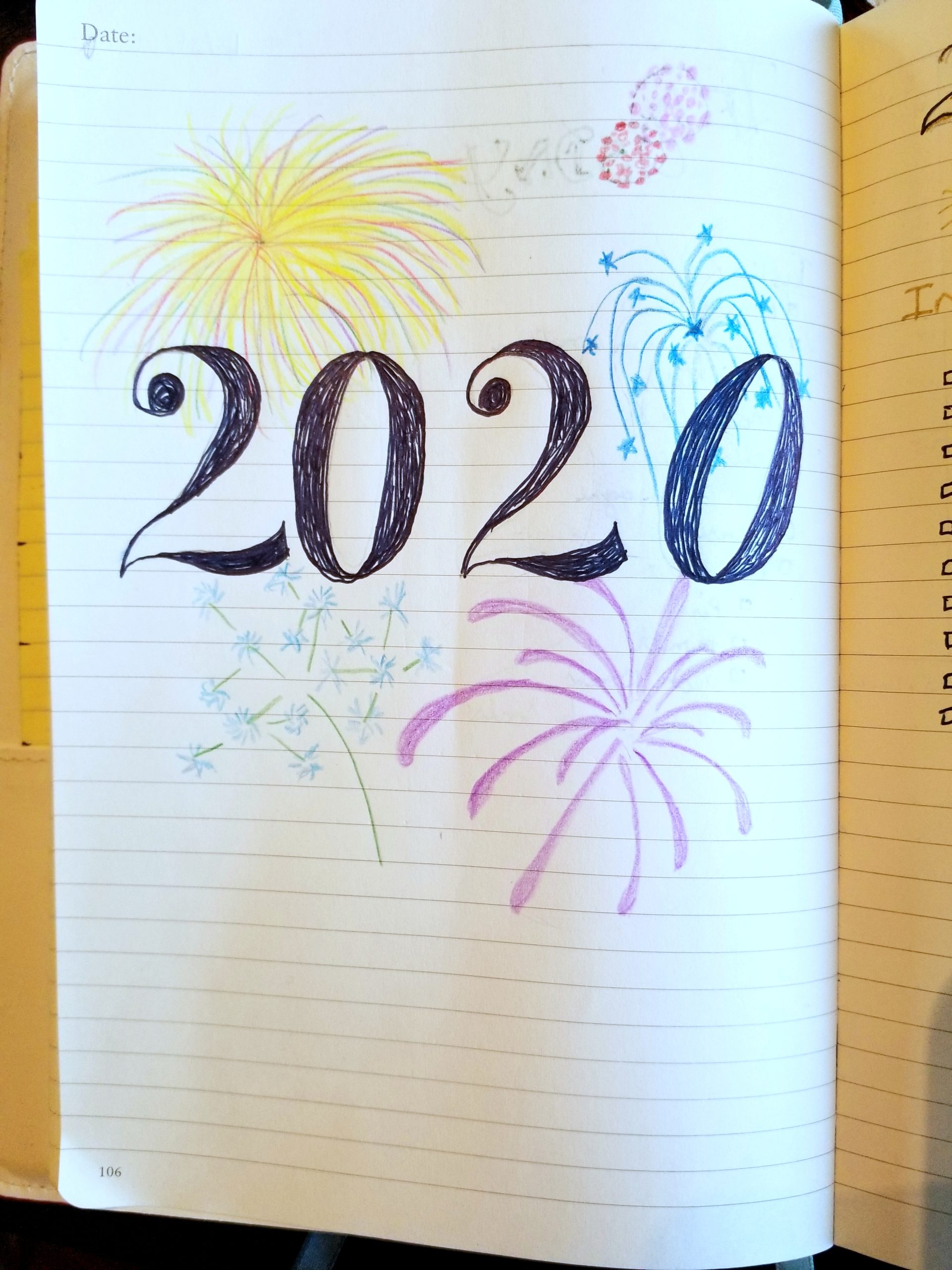 hand drawn 2020 with colored pencil fireworks